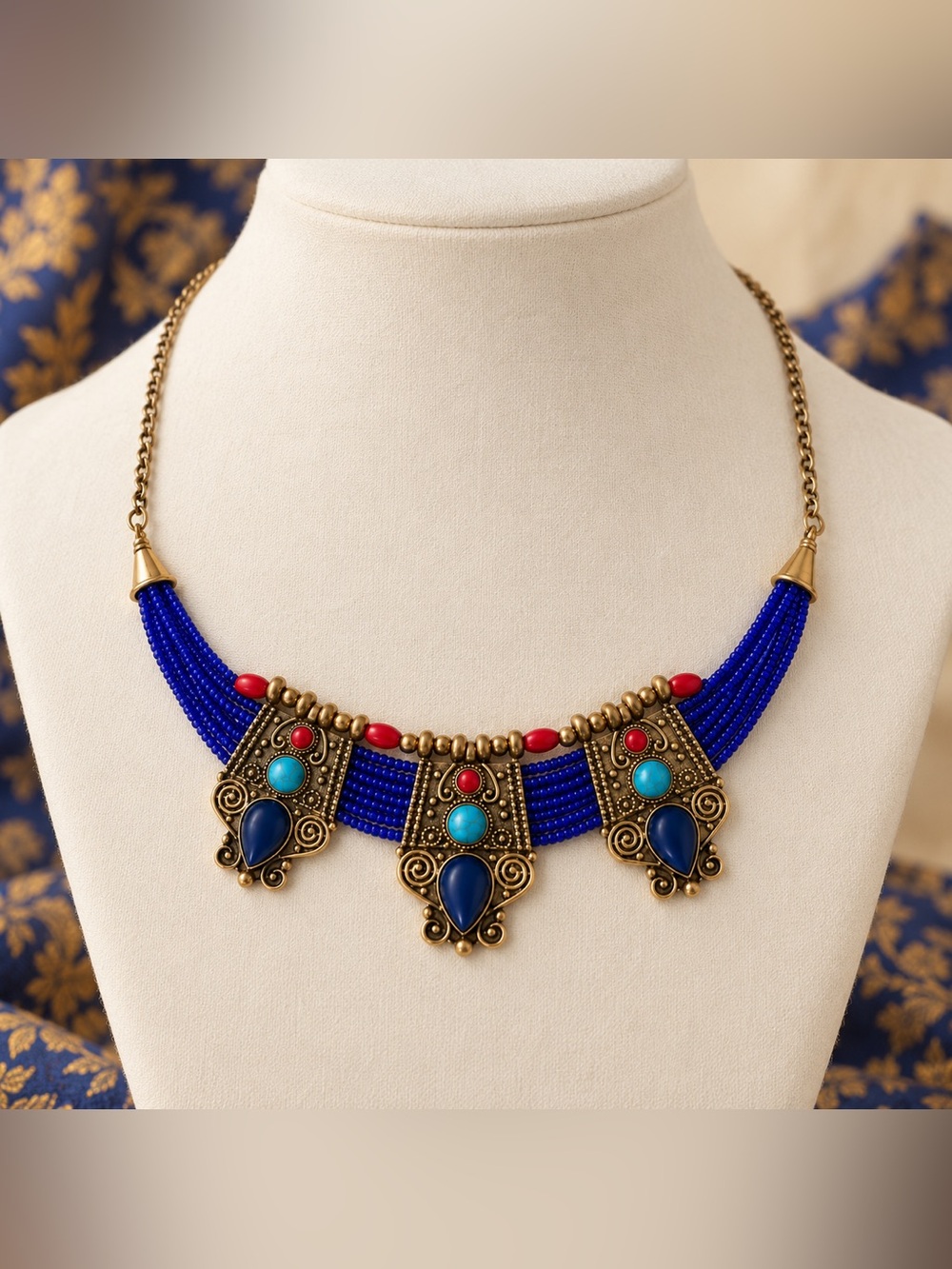 Tibetan Revival Cobalt Blue Beaded Triple Pendant Statement Necklace